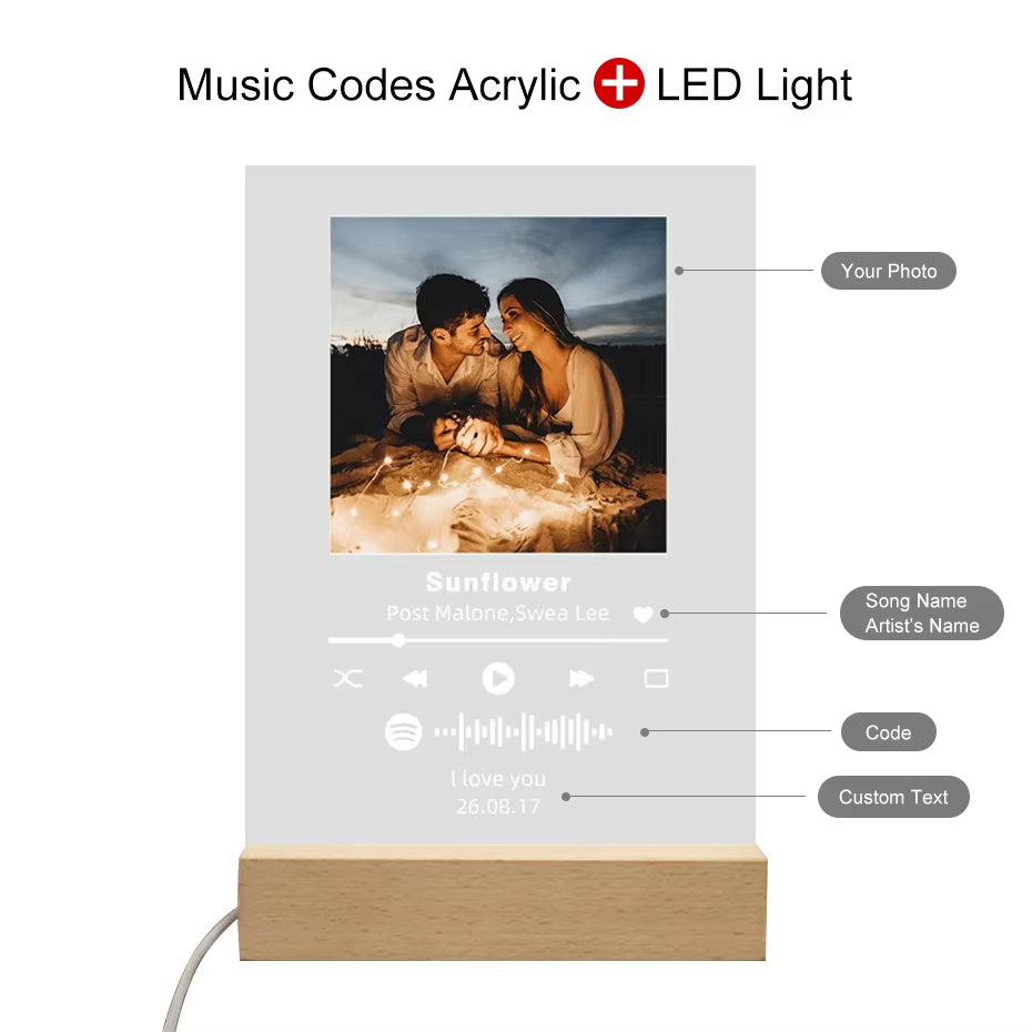 Custom Personal Photo Acrylic Plaque Spotify Music Codes Song Album Cover LED Light Lamp for Couples Birthday Christmas Gifts